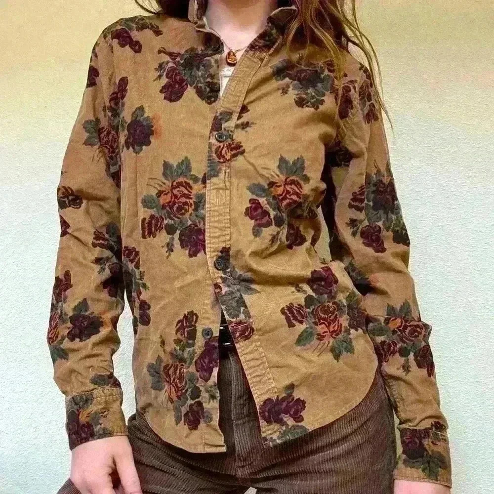 Express Floral Button Down Shirt - Brown and Purple